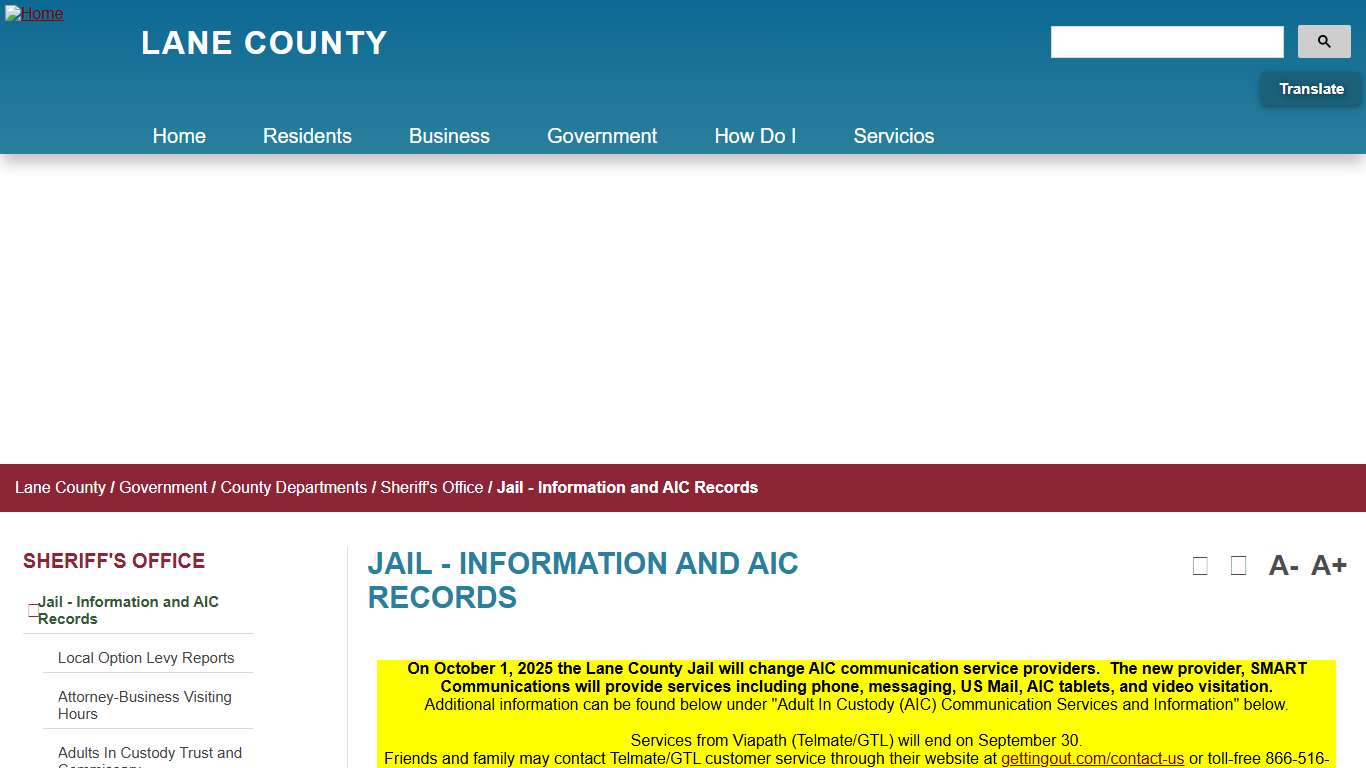 Jail - Information and AIC Records - Lane County