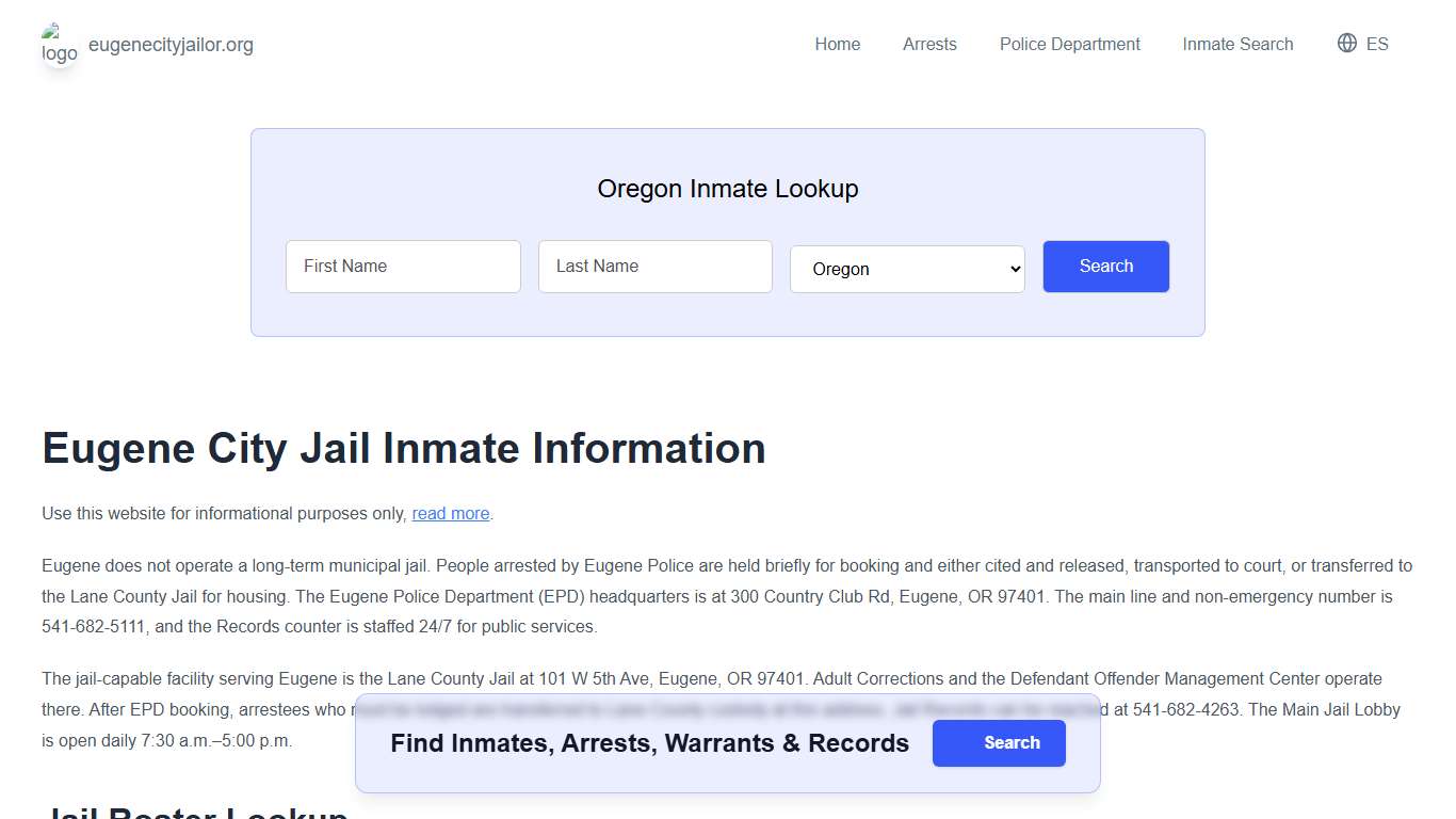 Eugene Jail, OR Inmate Roster, Municipal Jail Info